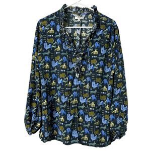Tyler Boe Halprin Dog Print Silk Blouse Ruffle Neck Womens Large